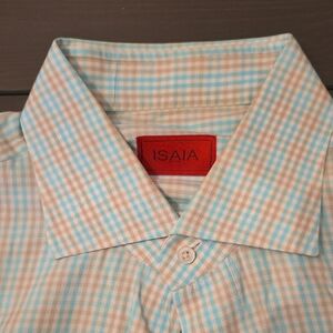 Isaia Men's Aqua and Beige Plaid Shirt